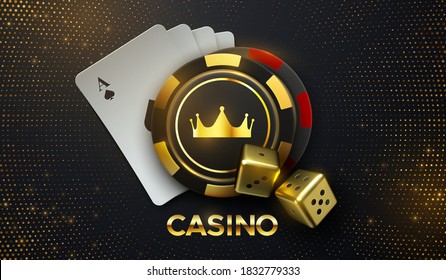 Casino sing. Vector 3d illustration. Four playing cards, gambling chips with golden crown and dices on black background with bursting glitters. Casino banner concept.