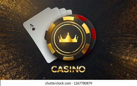 Casino sing. Vector illustration. Four playing cards and gambling chips with golden crown on black background with shimmering glitters. Casino banner concept.