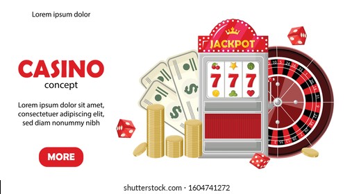 Casino site template concept. Triple seven jackpot on slot machine, roulette, coins and dollars. Playing cards, dices, chips. Vectors