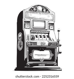 Casino slot 777 machine hand drawn engraving sketch Vector illustration