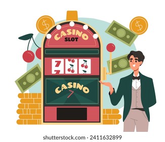 Casino slot concept. Man near slot machine. Gambling and games for luck, fortune. Golden coins and banknotes. Prizes and rewards. Cartoon flat vector illustration isolated on white background