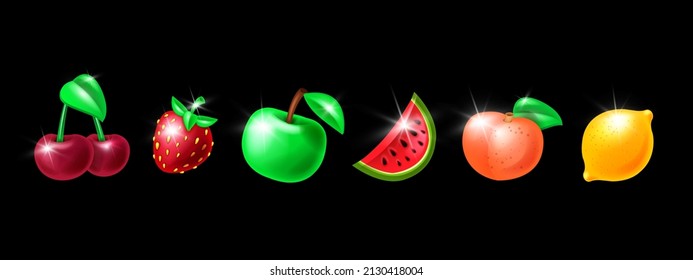 Casino slot fruit icon kit, vector game gambling machine badge set, glossy fresh apple, cherry, strawberry. 3D lucky win delicious UI design elements, watermelon, peach, lemon. Isolated casino fruit 