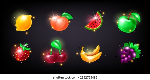 Casino slot fruit icon kit, strawberry, vector gambling machine badge set, glossy fresh apple, cherry. 3D lucky win UI design elements, grape, banana, peach, lemon, watermelon. Isolated casino fruit