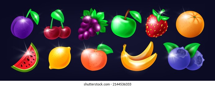 Casino Slot Fruit Icon Set, Vector Gambling Machine Item Kit, Shiny Vegas Strawberry, Lucky Cherry, Orange. Online Mobile App 3D Cartoon UI Badge, Watermelon, Plum, Banana. Slot Fruit Collection