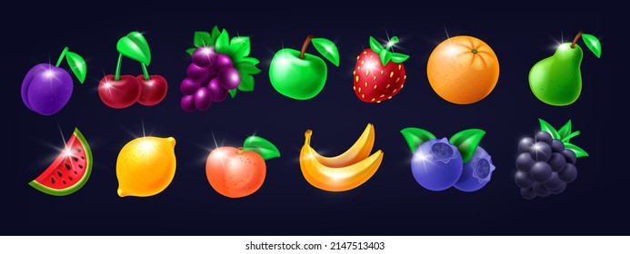 Casino Slot Fruit Icon Set, Vector Gambling Machine Item Kit, Lucky Cherry, Orange, Shiny Vegas Strawberry. Online Mobile App 3D Cartoon UI Badge, Plum, Banana, Watermelon. Slot Fruit Collection