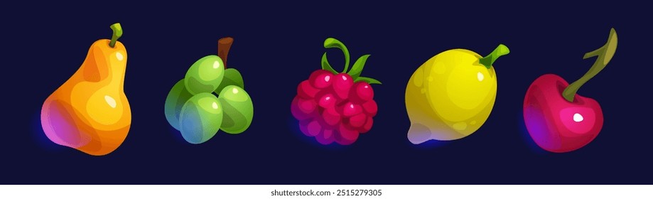 Casino slot fruit ui element set for game vector. Lemon, cherry, grape, pear and raspberry 2d item for gambling video app interface illustration. Pack of glossy object to luck spin isolated kit.