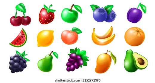 Casino slot fruit vector icon set, gambling machine cherry Vegas illustration kit, pear, glossy strawberry. Food 3D cartoon clipart isolated on white, blueberry, mango, UI shiny symbol. Slot fruit