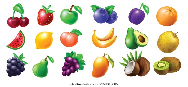 Casino slot fruit vector icon set, pear, glossy strawberry, gambling machine cherry Vegas illustration kit. Blueberry, mango, UI shiny symbol, food 3D cartoon clipart isolated on white. Slot fruit