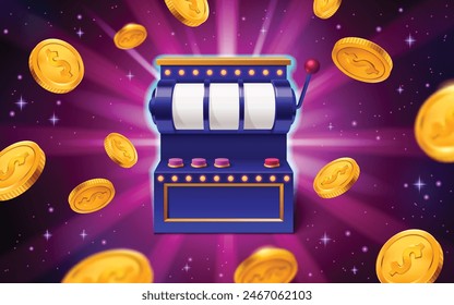 Casino slot gamble game with handle to raffle. Empty lottery banner of ui spin 3d wheel design. Luck chance with gold coin to display. Random las vegas fortune gambling reel for betting background