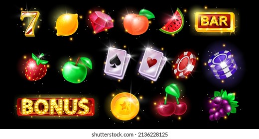 Casino slot game icon, vector gambling machine badge kit, fruit set, cards, bonus sign, golden chips coin. Vegas shiny UI design elements, lemon, strawberry, bar. Casino shiny icon collection on black