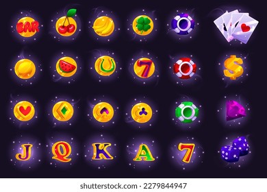 Casino slot game icons on background, RPG UI winner badge kit, casino slot gambling machine objects. Vegas shiny UI design elements, lemon, strawberry, bar