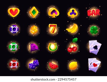 Casino slot game icons on background, RPG UI winner badge kit, casino slot gambling machine objects. Vegas shiny UI design elements, lemon, strawberry, bar