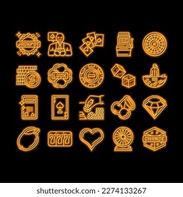 casino slot game jackpot poker neon light sign vector. card machine, money chip, roulette dice luck, blackjack, ace gamble bet, cherry coin casino slot game jackpot poker Illustrations