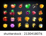 Casino slot icon set, vector game UI badge kit, gambling machine design elements, fruit, golden coin. Online mobile app clipart, cherry, green apple, winner cup, gift box, reward trophy. Casino icon