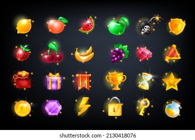 Casino Slot Icon Set, Vector Game UI Badge Kit, Gambling Machine Design Elements, Fruit, Golden Coin. Online Mobile App Clipart, Cherry, Green Apple, Winner Cup, Gift Box, Reward Trophy. Casino Icon