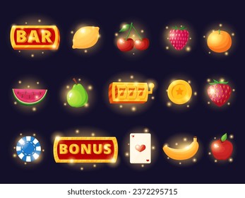 Casino slot icons. Digital gambling app, ui ux design icon. Virtual games signs, user bar buttons. Victory and cherries, bonus nowaday vector collection