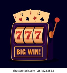 Casino, slot machine 777. Vector bright illustration of a themed banner for gambling and casino. Slot machine, cards, on a dark background. Flat design template for casino projects and advertisin