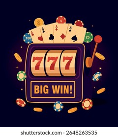 Casino, slot machine 777. Vector bright illustration of a themed banner for gambling and casino. Slot machine, cards, on a dark background. Flat design template for casino projects and advertising