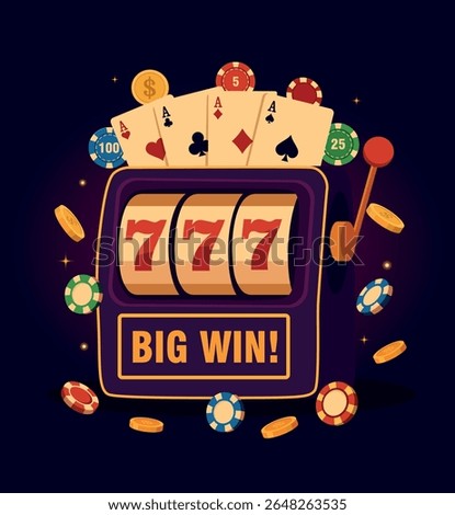 Casino, slot machine 777. Vector bright illustration of a themed banner for gambling and casino. Slot machine, cards, on a dark background. Flat design template for casino projects and advertising