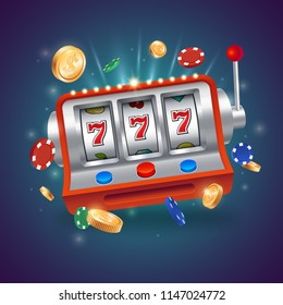 Casino slot machine. Big win 777 lottery casino vector illustration. Flying playing chips with gold coins. Eps 10.