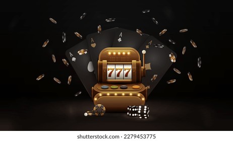 Casino Slot Machine with black playing cards, dice and chips in dark scene