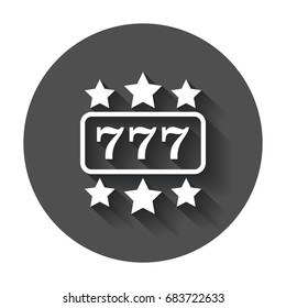 Casino slot machine flat vector icon. 777 jackpot illustration pictogram on black round background with long shadow.