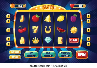 Casino slot machine game ui design, gambling mobile app concept. Cartoon slots icons and buttons, online casinos games gui vector template. Trying luck, winning prize in application