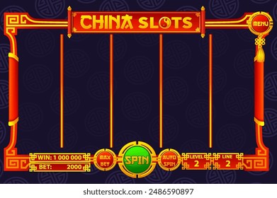 Casino slot machine game UI design, gambling mobile app concept for the Chinese themed Casino Game. The game user interface with basic buttons.