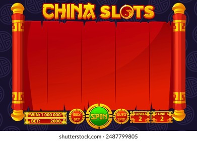 Casino Spielautomat Spiel UI Design. Glücksspiel-Handy-App-Konzept für das chinesische Casino-Spiel. Roter Hintergrund