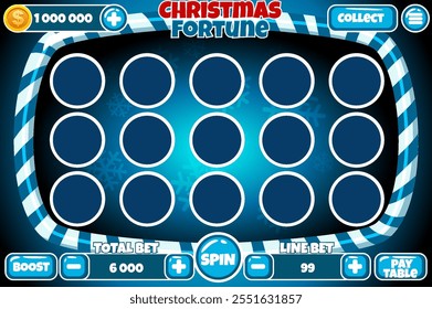 Casino slot machine, game UI design, gambling mobile app concept for the Christmas or candy themed Casino Game. The slot game user interface with basic buttons in blue color