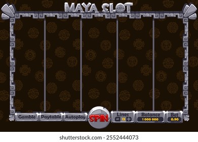 Casino slot machine game UI design, stone gambling mobile app concept for the Maya Slot themed Casino Game. The game user interface with stone basic buttons