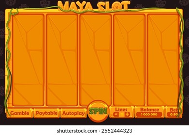 Casino slot machine game UI design, stone gambling mobile app concept for the Maya themed Casino Game. The game user interface with stone basic buttons