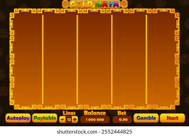 Casino slot machine game UI design, jogo conceito de aplicativo móvel para o jogo de casino temático Gold Maya. A interface dourada do usuário do jogo com botões básicos