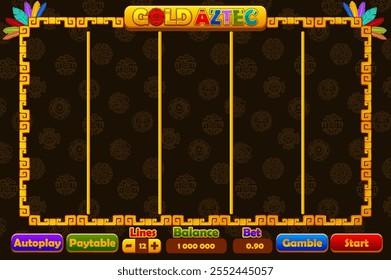 Casino slot machine game UI design, gambling mobile app concept for the Gold Aztec themed Casino Game. The Golden game user interface with basic buttons