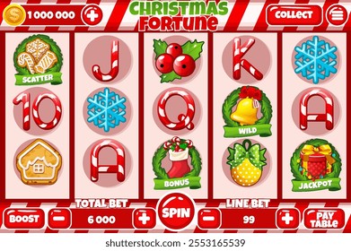 Casino slot machine, game UI design, gambling mobile app concept for the Christmas or candy themed Casino Game. The slot game user interface with basic buttons and set of 12 slot symbols.