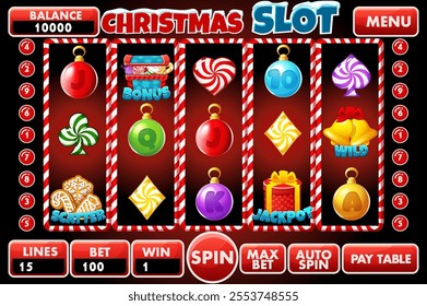 Casino slot machine, game UI design, gambling mobile app concept for the Christmas themed Casino Game. The slot game user interface with basic buttons and set of 12 slot symbols