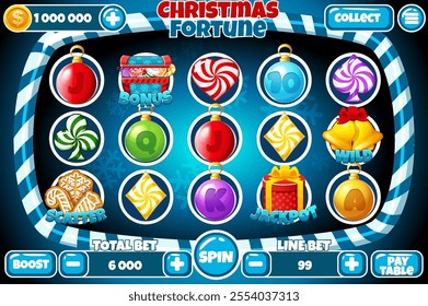 Casino slot machine, game UI design, gambling mobile app concept for the Christmas or candy themed Casino Game. The slot game user interface with basic buttons in blue color