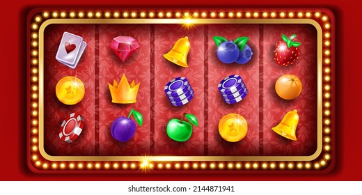 Casino Slot Machine Game Vector Background, Retro Vegas Gambling Frame, Gold Crown, Chips Icon. Online Entertainment Gamble Screen, Light Bulb, Classic Fruit Badge. Slot Game Red Vintage Border