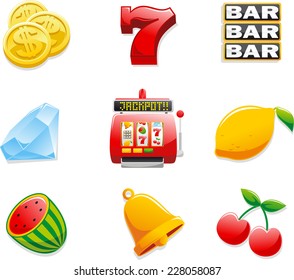 Casino Slot Machine Icons, with Coins, Seven, Bar, Diamond, Jackpot, Lemon, watermelon, bell and cherry. Vector illustration cartoon. 