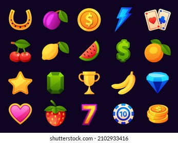 Casino slot machine icons, gambling game symbols. Cartoon elements for mobile casino app. Cherry, coins, prize trophy and cards vector set. Illustration of casino slot symbol, gambling icon