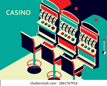 Casino slot machine in isometric flat style. One arm gambling device. Vector illustration.