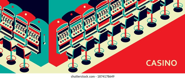 Casino slot machine in isometric flat style. One arm gambling device. Vector illustration.