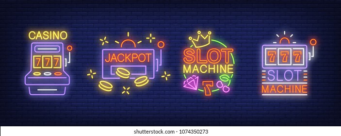 Casino slot machine neon signs collection. Neon sign, night bright advertisement, colorful signboard, light banner. Vector illustration in neon style.