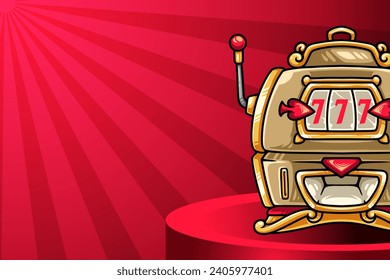 Casino slot machine on podium with red background for gamble game online company