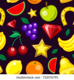 Casino slot machine pattern - seamless modern material design background. Game, gambling, winner concept. Fruit, banana, cherry, lemon, grape, watermelon, apple, orange, crystal, bell, horseshoe, star