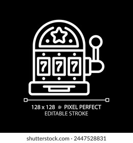 Casino slot machine pixel perfect white linear icon for dark theme. Gambling sport lifestyle. Lottery luck, jackpot. Thin line illustration. Isolated symbol for night mode. Editable stroke