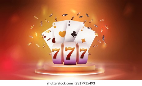 Casino slot machine, playing cards and poker chips on podium. Casino poster for your arts