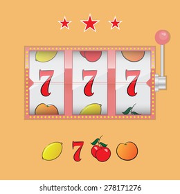 Casino slot machine realistic isolated on orange background vector illustration