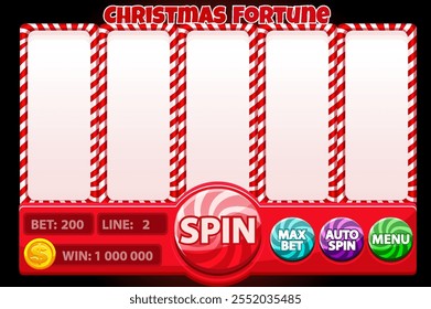 Casino slot machine in red color, game UI design, gambling mobile app concept for the Christmas or candy themed Casino Game. The Christmas slot game user interface with basic buttons