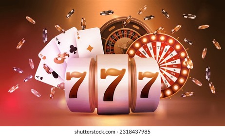 Casino slot machine, Wheel Fortune, Roulette wheel, poker chips and playing cards in orange scene. Casino poster for your arts